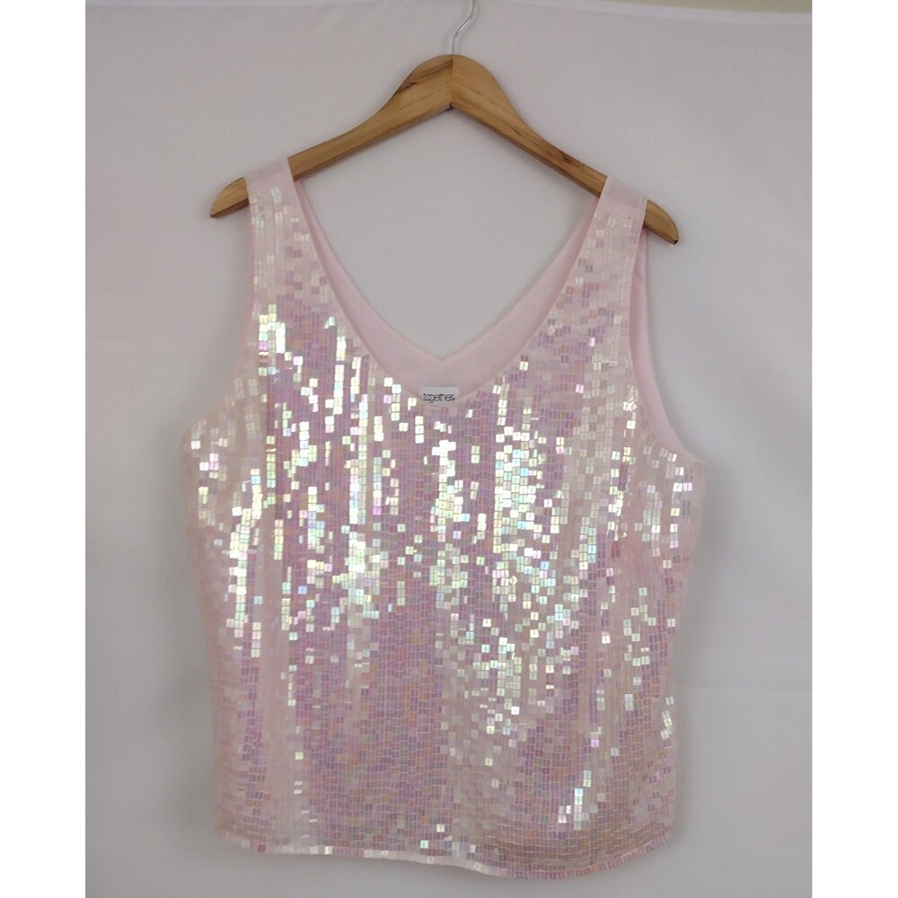 Together Blouse 20W Sleeveless Pink Sequin Pullover V Neck Top Sheer Coquette